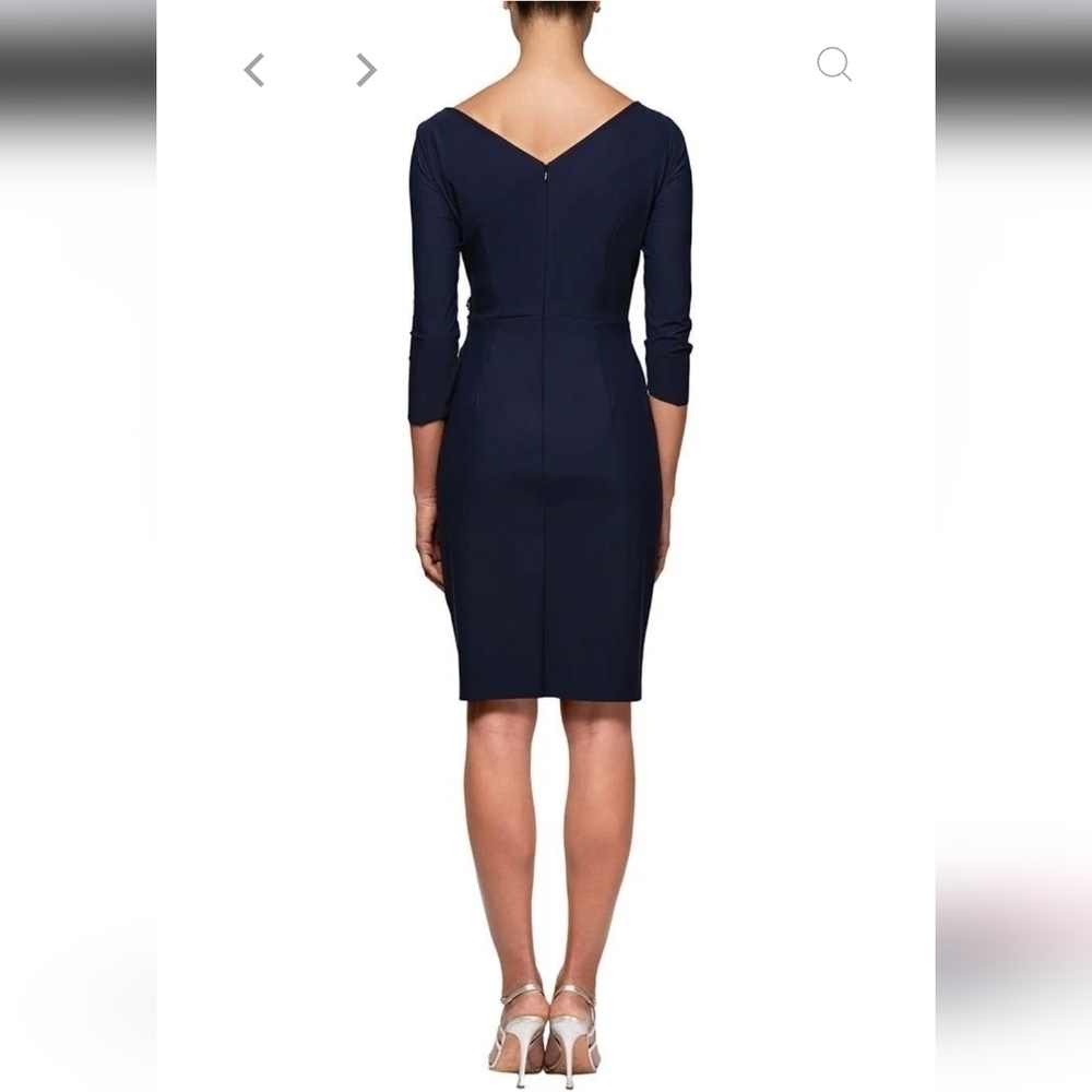 NWT Alex Evenings Surplice Sheath Dress Beaded Hip & Cascade Ruffle Dress Navy - Picture 2 of 14